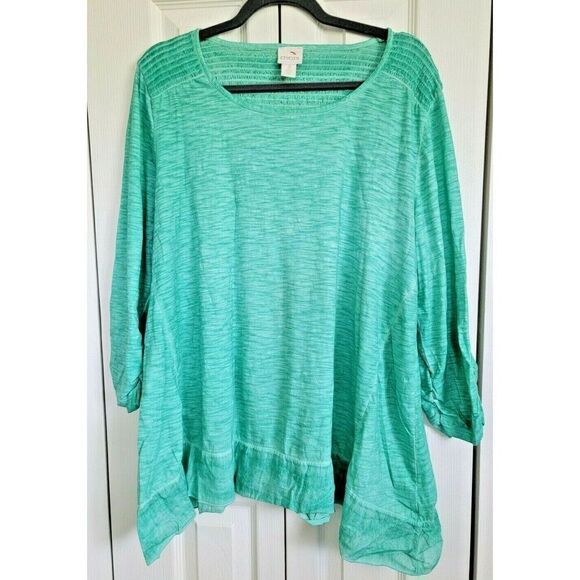 Chico’s 3 Women's Top Blouse XL Mint Green 3/4 Sleeve Angle Top Rouched Sleeves - Picture 1 of 5